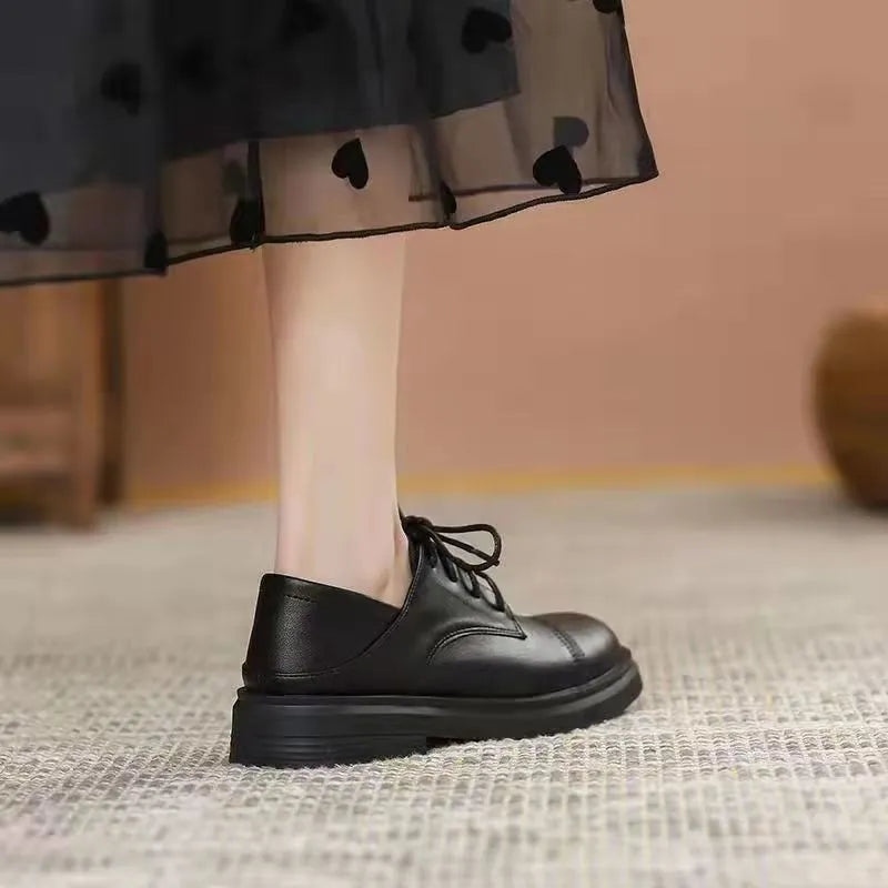 Slimming low heel British leather shoes women platform cross strap round toe professional shoes black