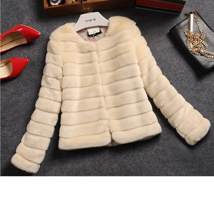 Women's white faux rabbit fur street fashion top with regular sleeves and short length