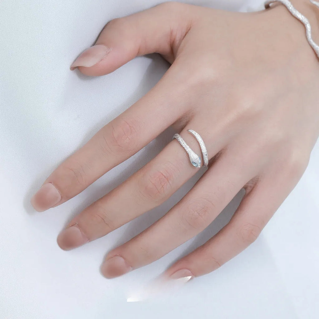 Women's adjustable silver snake ring with white gold electroplated finish