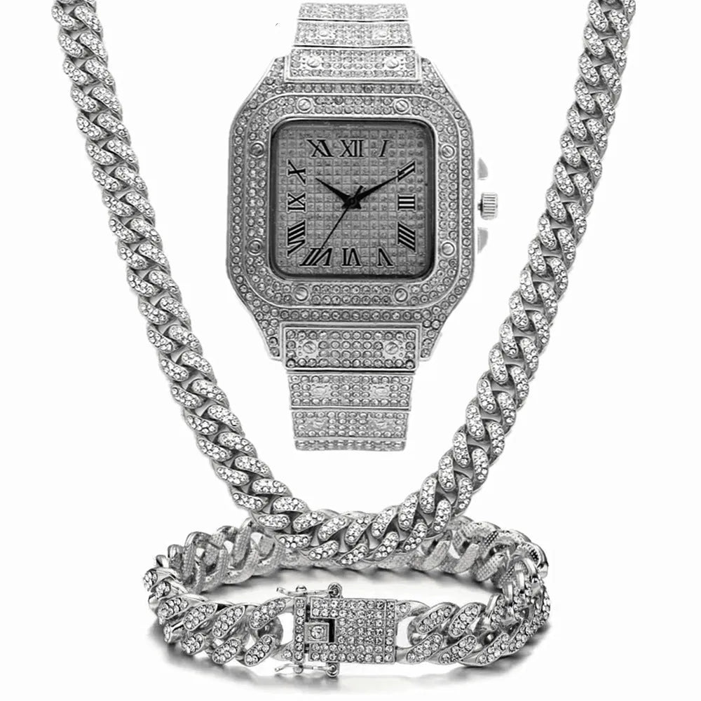 Roman numeral quartz watch set of three pieces with black mesh bands and square dials