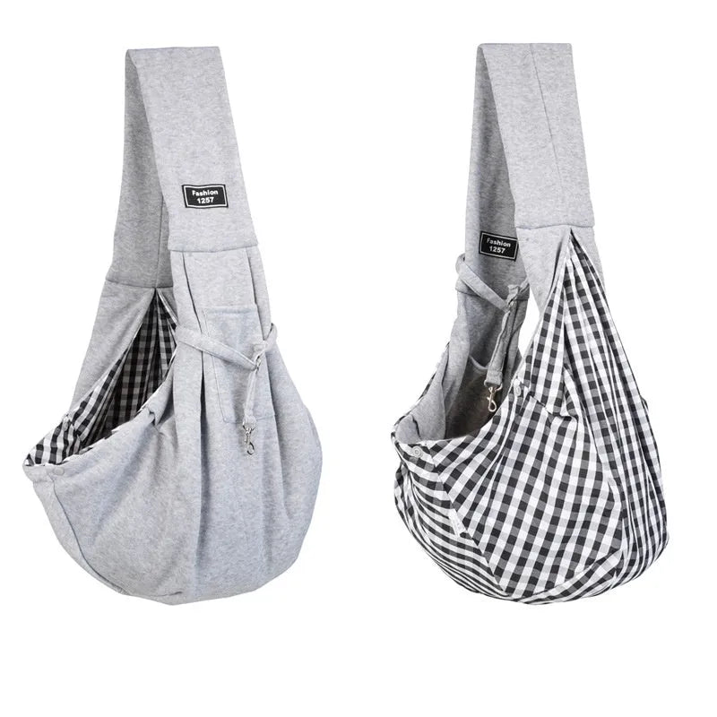 A folded and unfolded collapsible cat messenger bag with mesh panels, shown in blue.