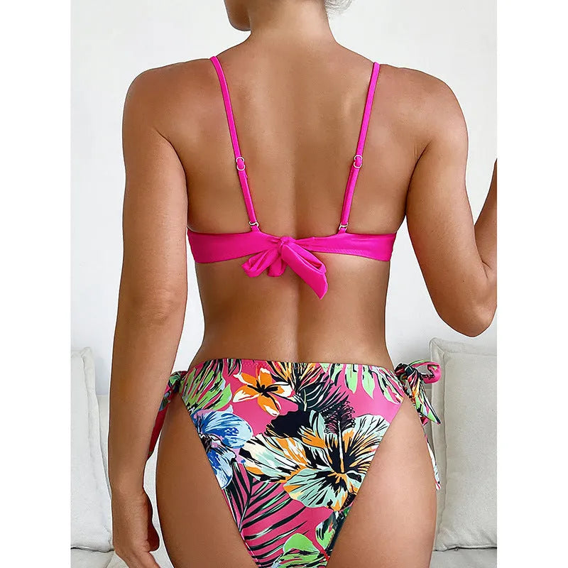 Rose red women's bikini swimsuit with braid rope design on polyester fabric