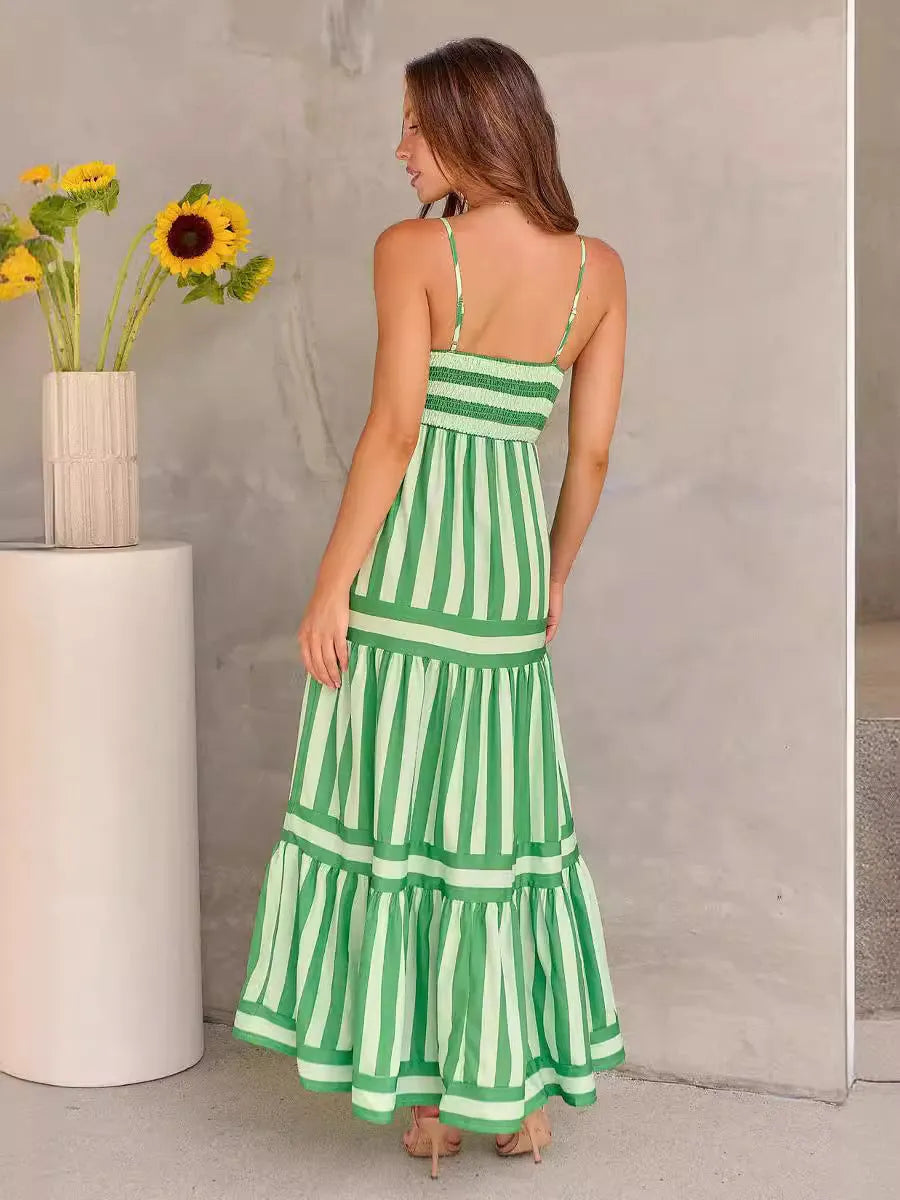 Women's striped long dress with suspender straps and side pockets in backless square neck design