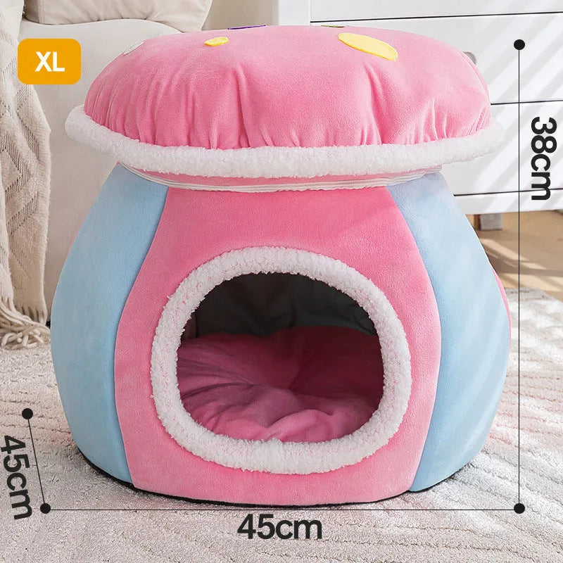Mushroom-shaped plush cat bed in grey colour with detachable blanket