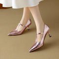 Genuine leather women's high heels with chunky mid heel and pointed toe in Mary Jane style
