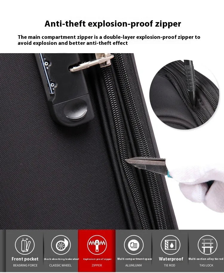 Black 18 inch Oxford cloth business suitcase with retractable handle and universal wheels.