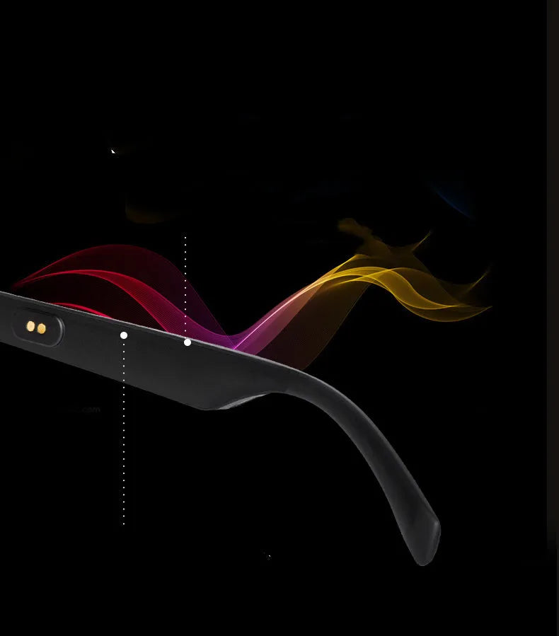 Unisex smart glasses with Bluetooth audio and semi-open ear speakers on a PC+ABS frame.