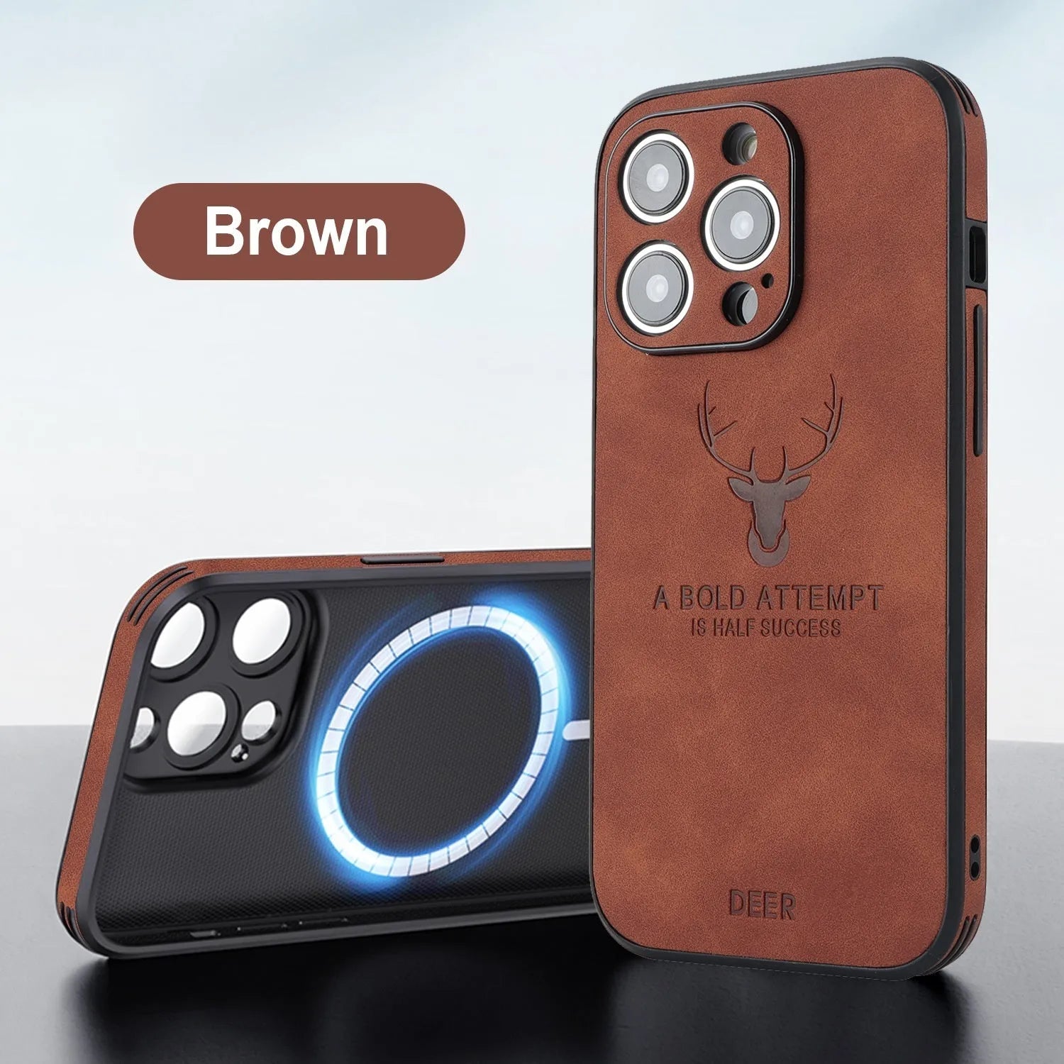 iPhone 16 series imitation leather phone case with embossed moose head design, shown in multiple colour options