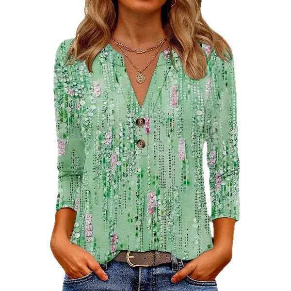 Women's loose V-neck t-shirt with 3D printed pattern in Japanese Korean casual style