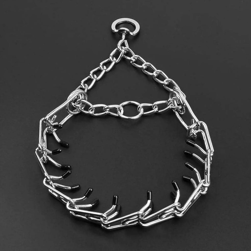 Stainless steel dog training prong collar with adjustable chain links and rubber comfort tips