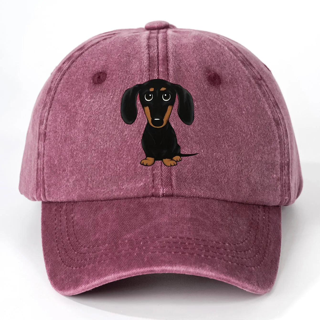 Retro washed cotton baseball cap with a Dachshund print on the front, featuring a peaked dome crown.