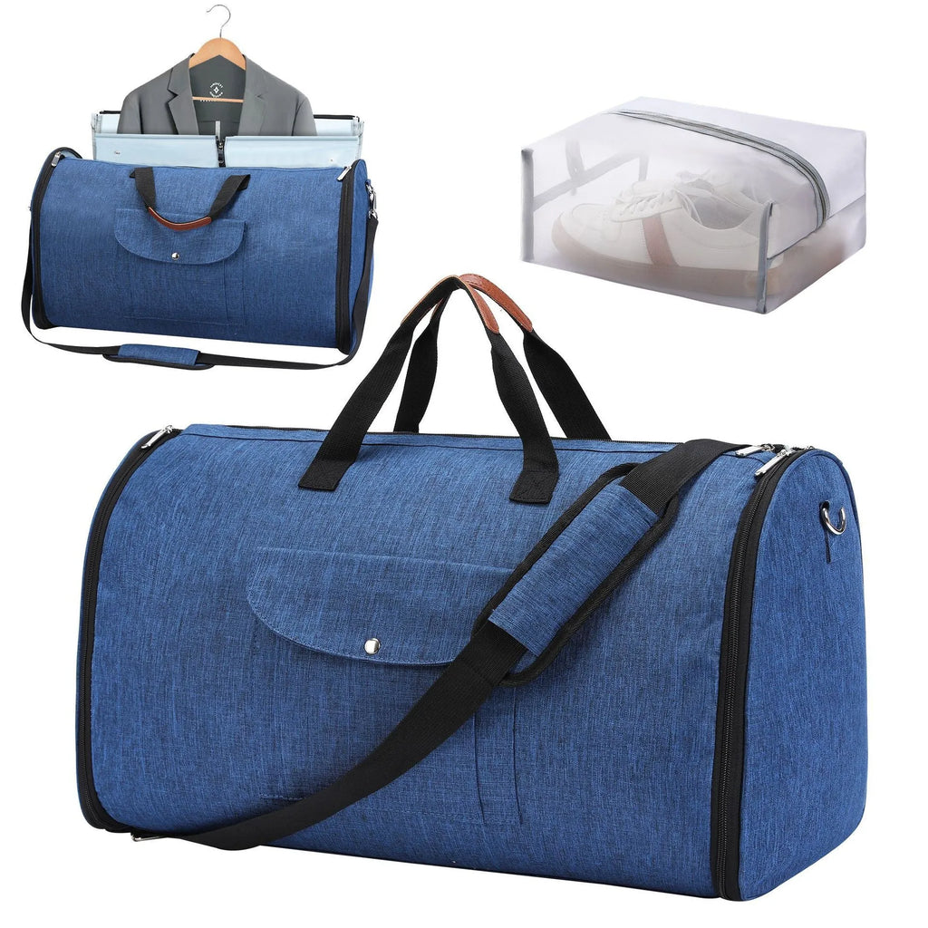 Folding duffel bag in Oxford cloth showing dark blue, grey, and black colour options