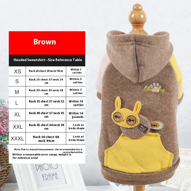 Brown cotton pet sweatshirt on dog showing size fit and casual design