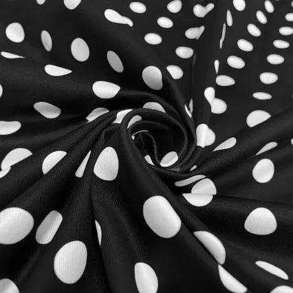 Multicolour polka dot dress with square collar, short sleeves, zip fastening, and pleated midi skirt
