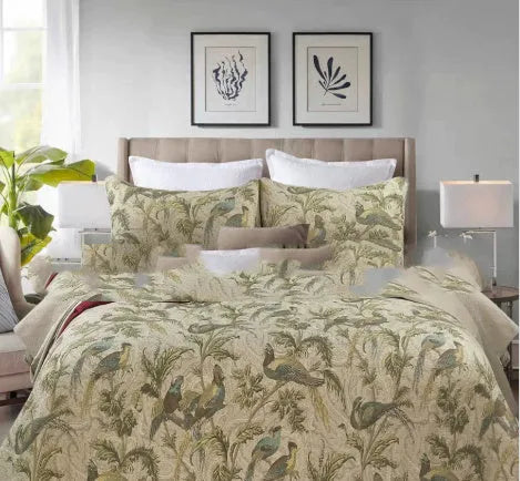 Blue American floral and bird quilted cotton bedspread set with three pieces for a double bed
