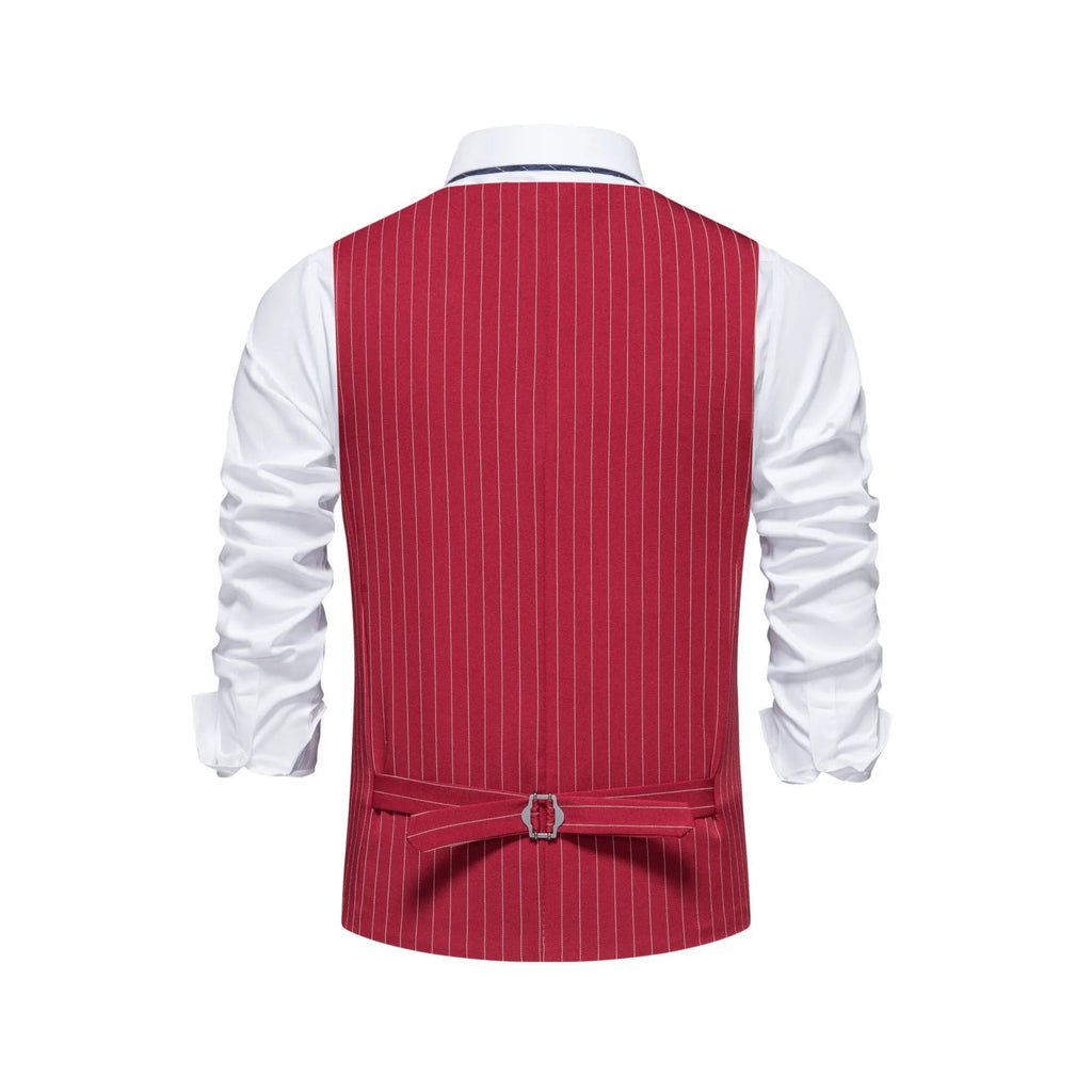 Men's striped suit vest in black, red, or khaki with a non-ironing polyester build and miter bottom hem.