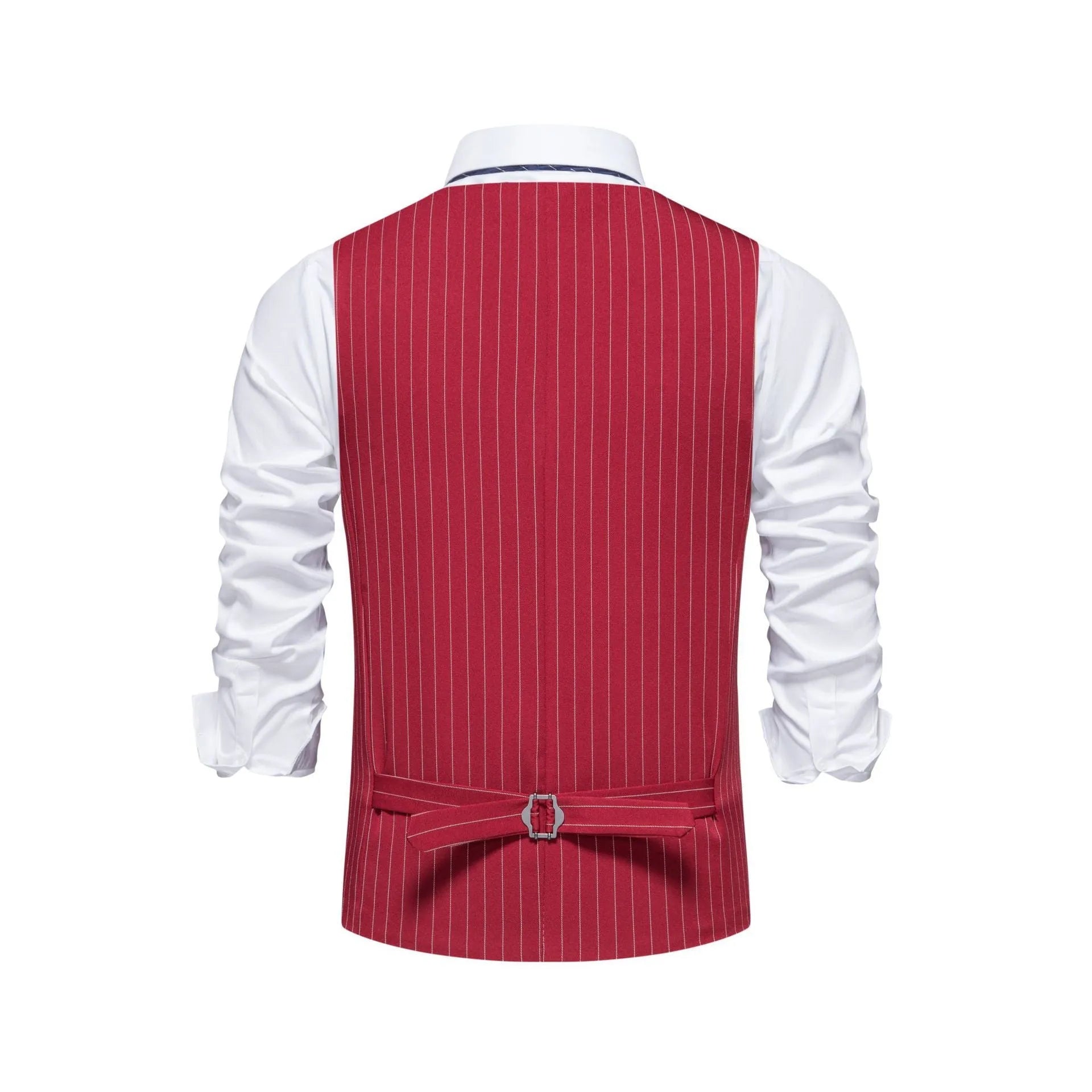 Men's striped suit vest in black, red, or khaki with a non-ironing polyester build and miter bottom hem.