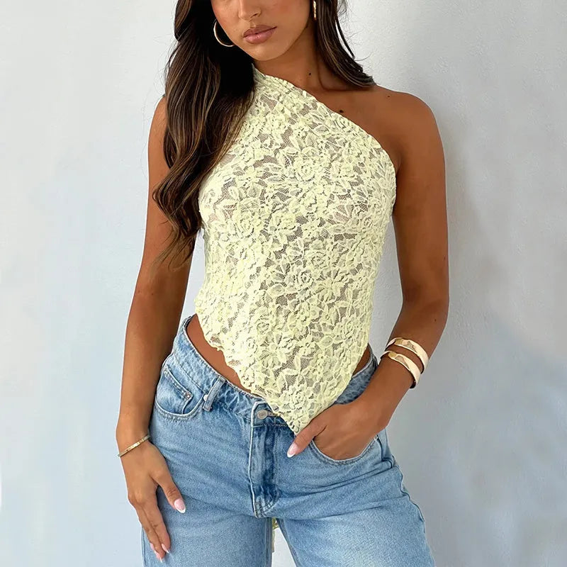 Women's lace backless top with asymmetrical neckline in polyester sleeveless vest street hipster style