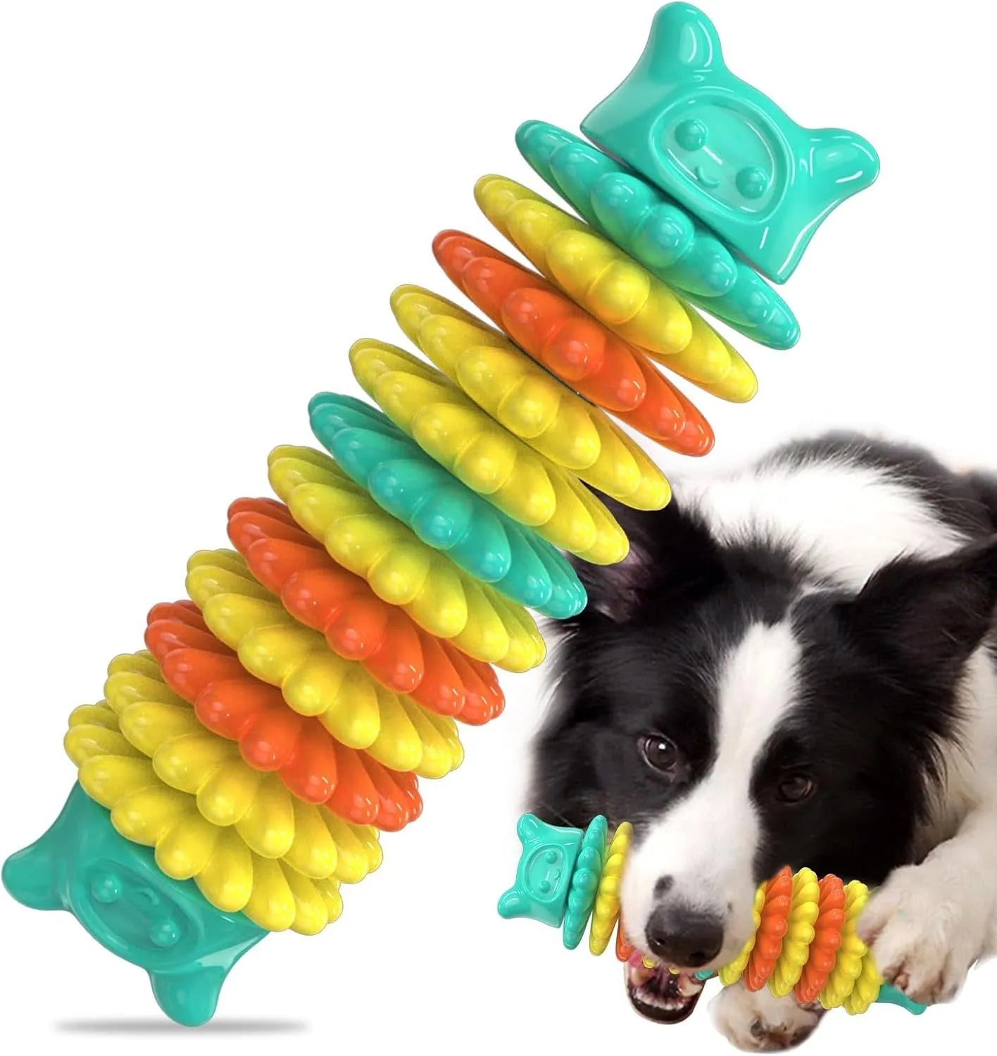 Blue green pink caterpillar-shaped natural rubber dog chew toy for aggressive chewers on a plain background.