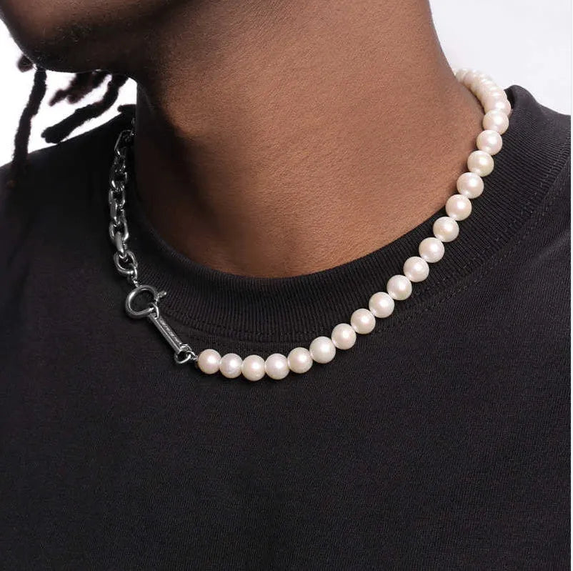 Men's natural pearl necklace with titanium steel chain white 8mm width 45cm length