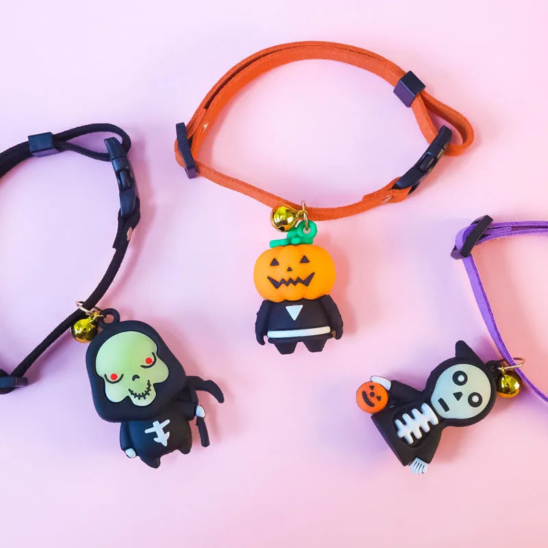 Halloween pet collar with luminous glow-in-the-dark pumpkin man pattern, adjustable size for dogs and cats