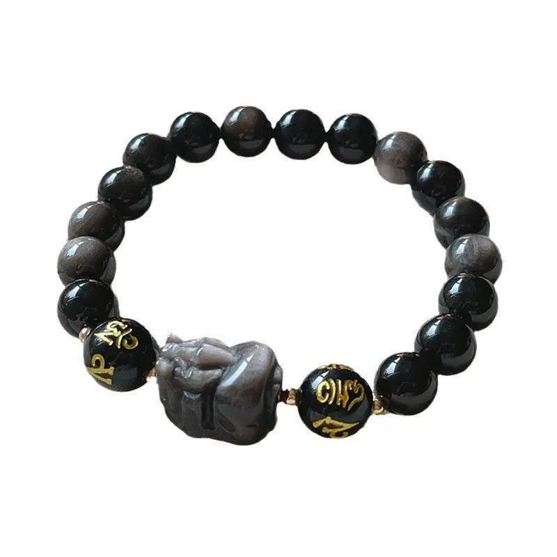 Men's natural silver stone bracelet with Chinese zodiac designs and proverb beading on adjustable band