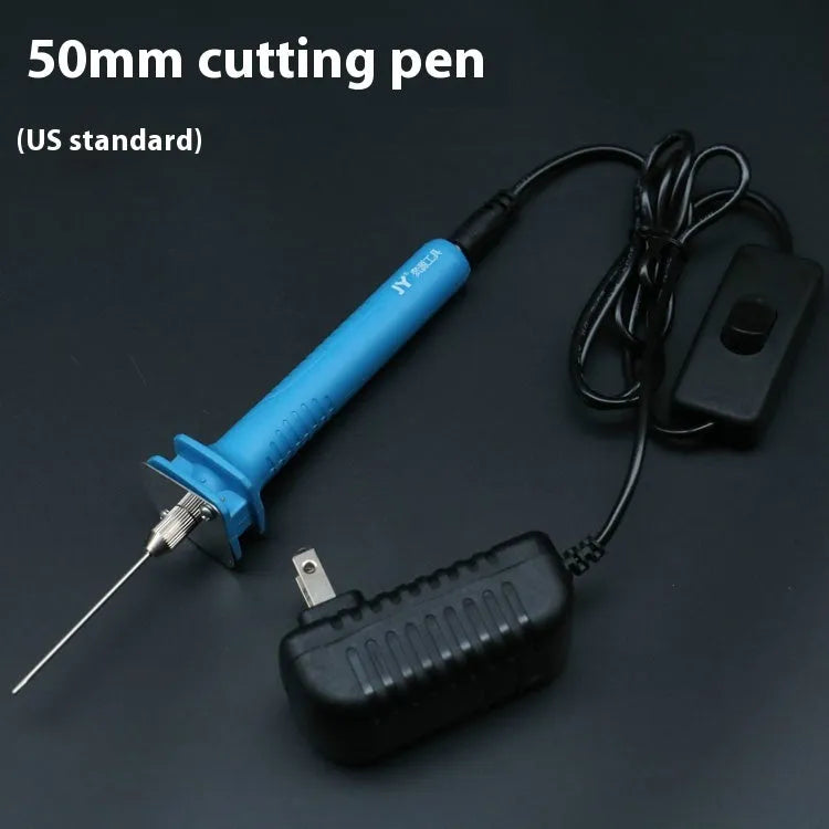 Blue electric heating foam cutter pen with plastic handle and adapter.