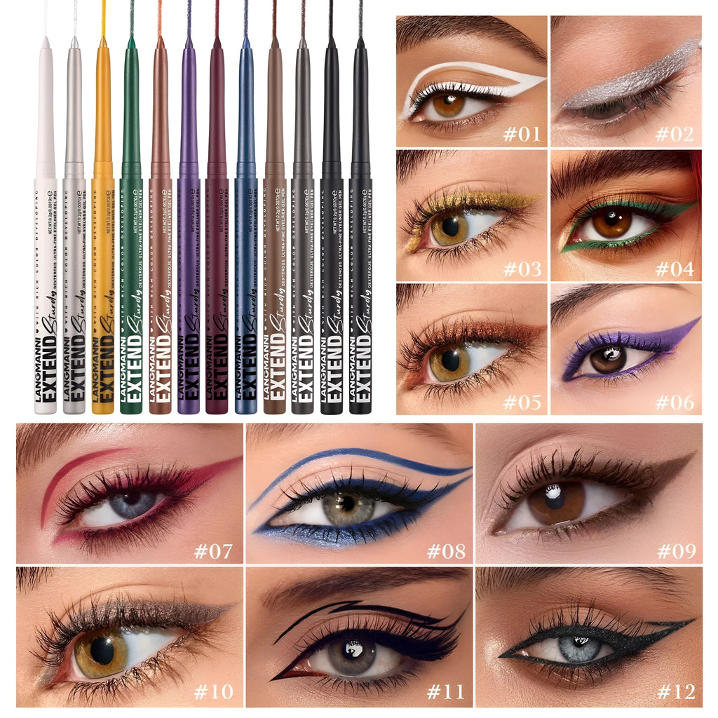 Set of 12 colourful gel glitter eyeliner pencils showing matte, glitter, metallic and pearl shades.