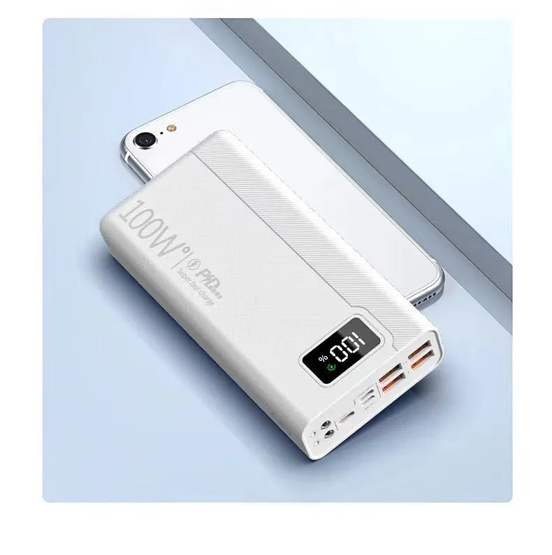Large capacity power bank in black or white plastic housing with dimensions from 150×76×30mm to 150×76×50mm