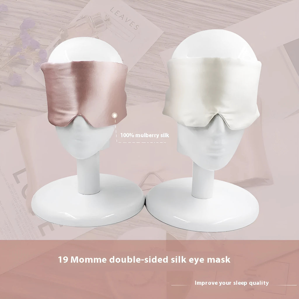 Mulberry silk sleep eye mask shown in multiple colours including black, champagne gold, and navy blue.