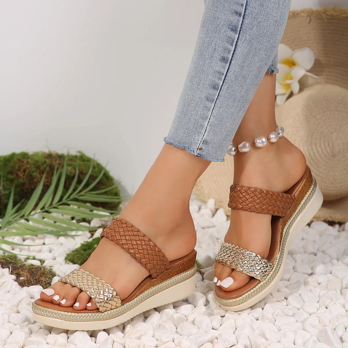 Gold wedge sandals for women with PU upper and rubber sole, shown in a plus size width.