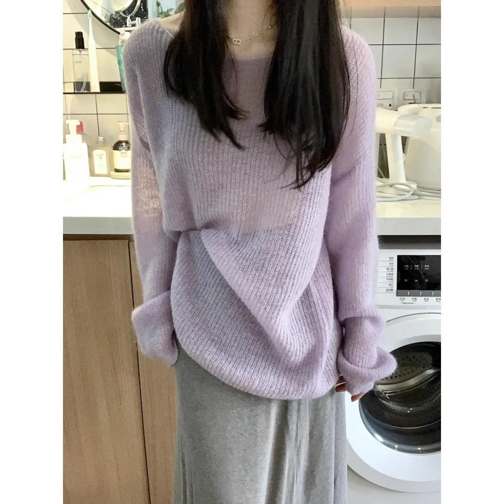 Purple women's blouse with hollow out detailing and princess sleeves in ice silk fabric