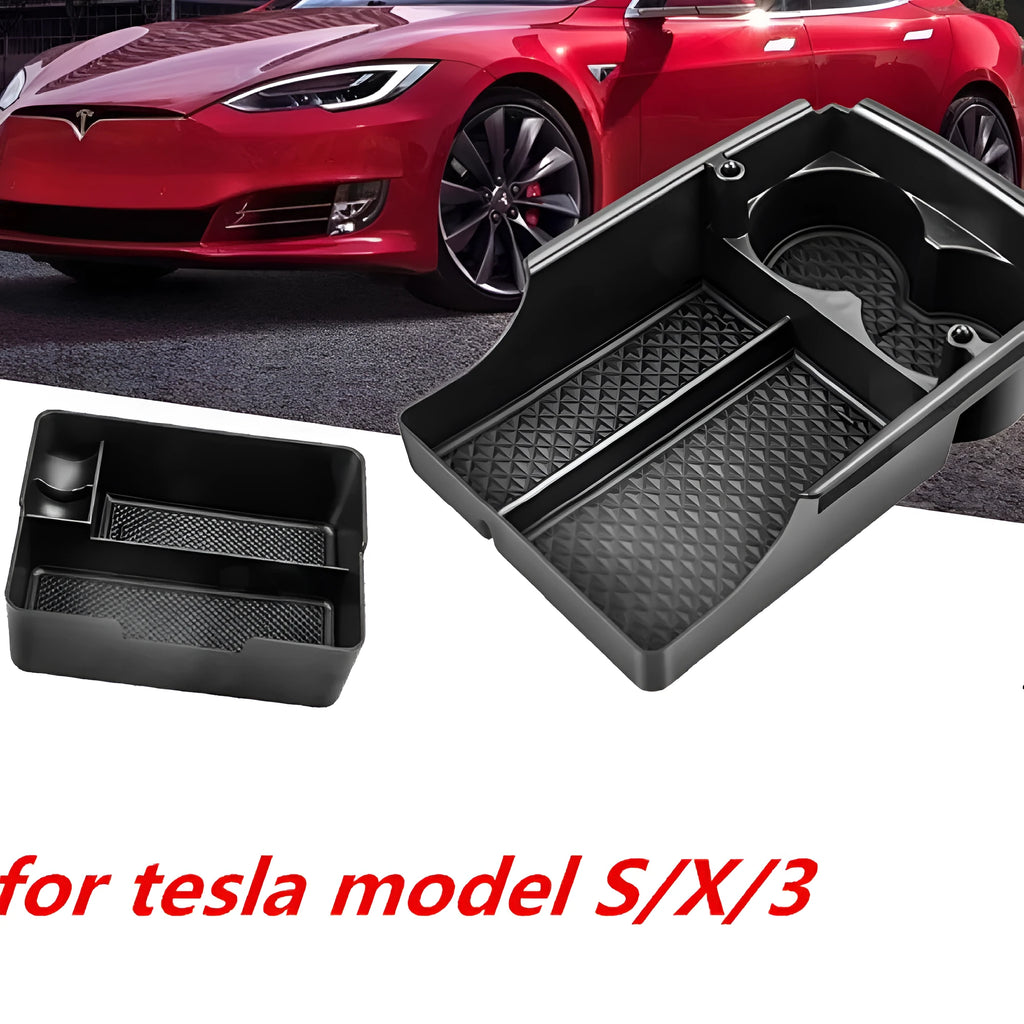 Plastic storage box designed for retrofitting into a Tesla Model 3, S, or X central control armrest.
