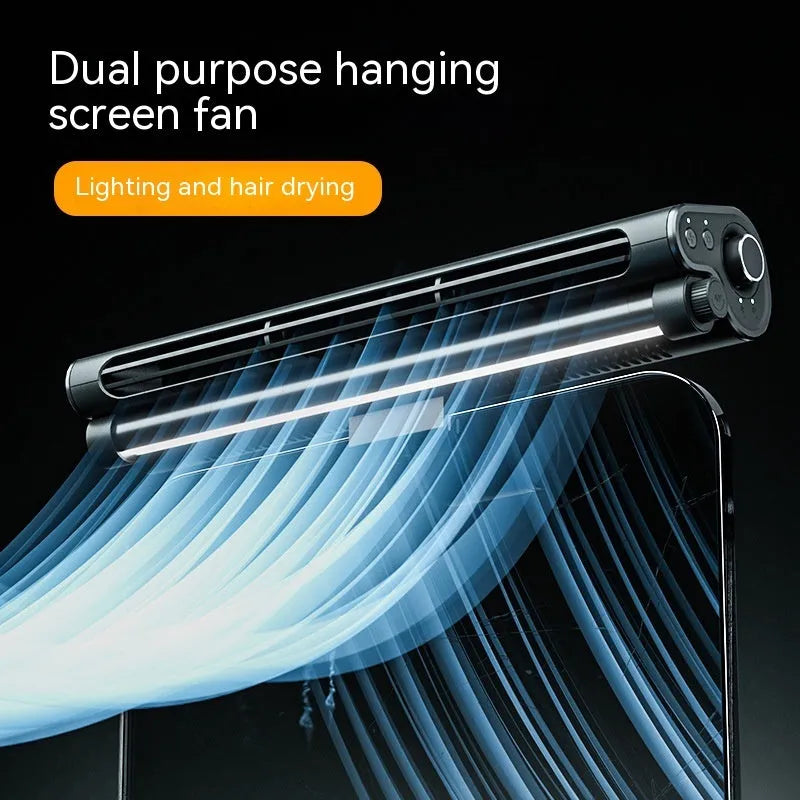 Black bladeless USB laptop cooling fan with integrated eye-protection lamp clipped to computer screen