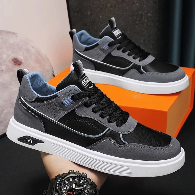 Men's Korean-style canvas board shoes in black, beige or grey with mesh lining and leather stitching details