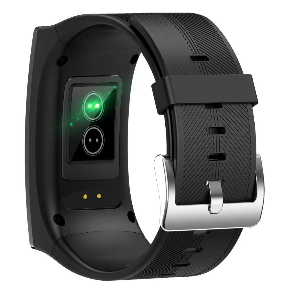 Black Bluetooth sports watch with blood pressure monitoring on silicone wristband showing 1.91-inch touchscreen display