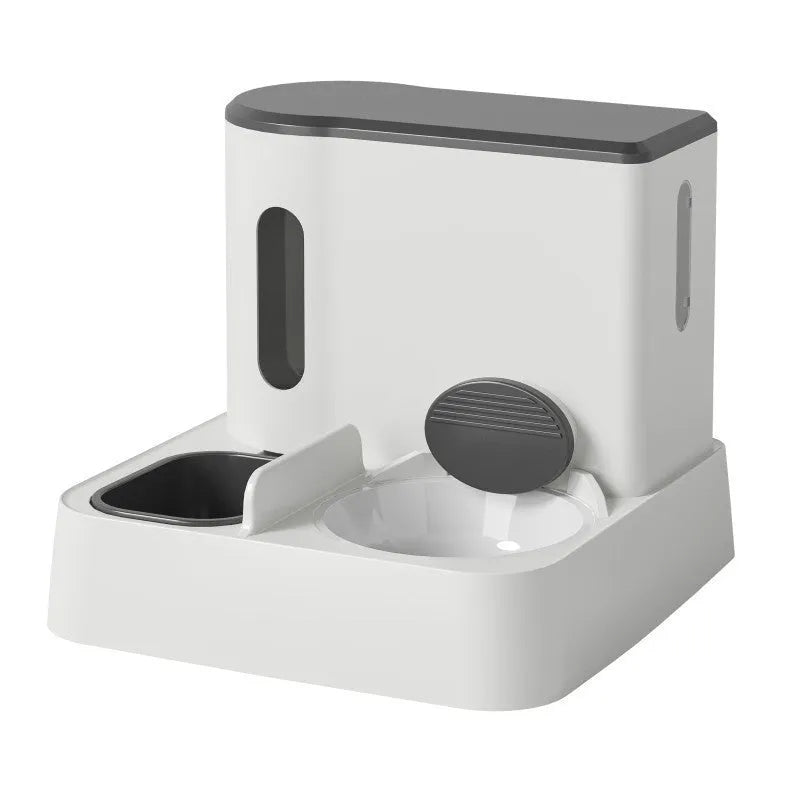 Automatic cat feeder with integrated water dispenser showing grey, green, and yellow colour options