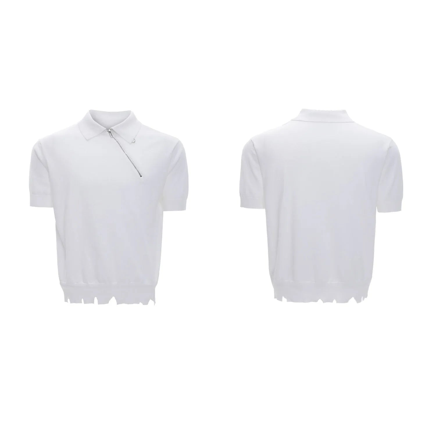 Men's slim-fit black knitted polo shirt with an oblique zipper on the lapel collar and short sleeves.