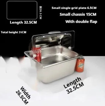 Stainless steel commercial dining plate display box with a removable lid and multiple inner compartments.