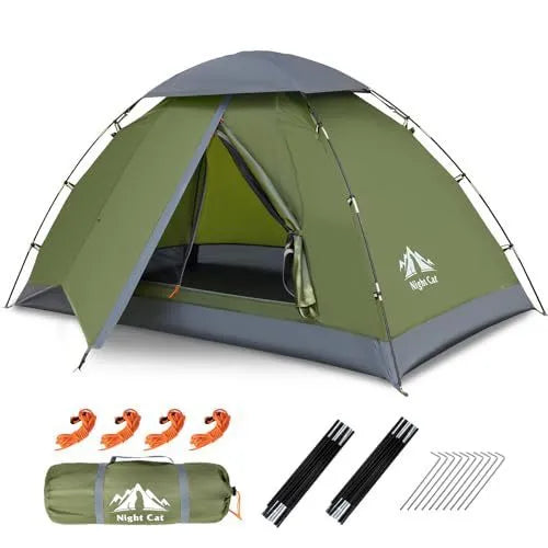Dark green instant pop-up camping tent for two people with automatic setup.