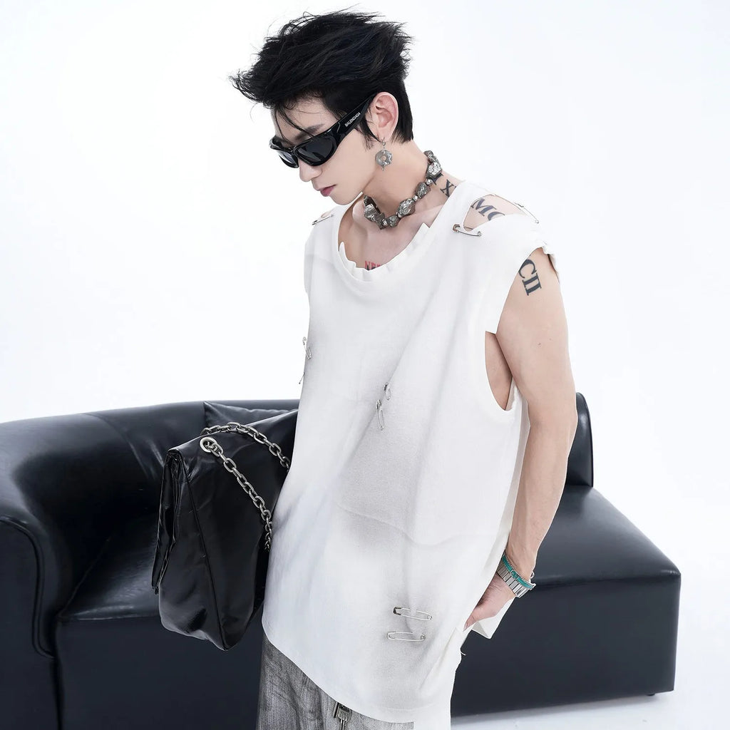 Men's black sleeveless vest waistcoat t-shirt with irregular ripped cutting detail