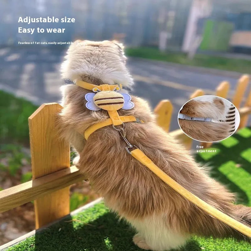 Bee-shaped adjustable cat lead in polyester with strap and hand holding rope
