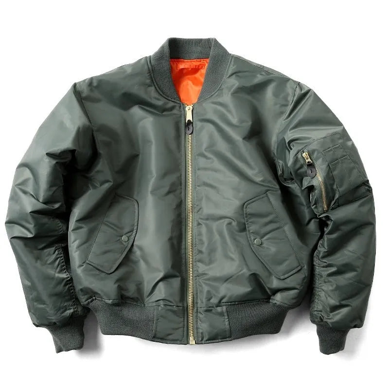 Men's army green loose fit cotton-padded bomber jacket with front zip and ribbed cuffs.