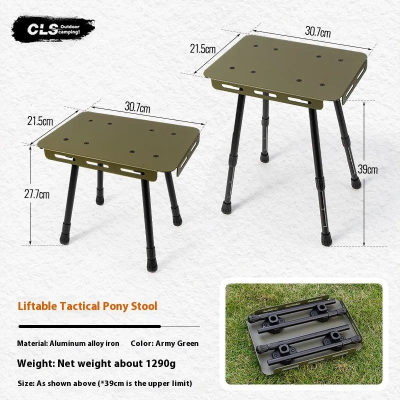 CLS aluminium folding camping stool shown in beige, extended as a table and folded with its storage bag.