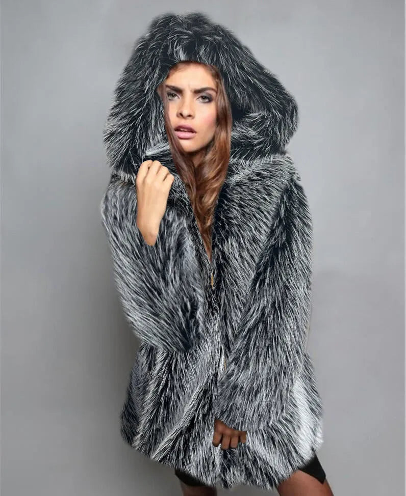 Women's silver grey artificial fur coat with loose fit and regular sleeves
