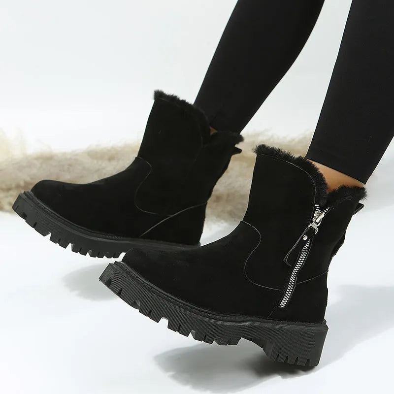 Women's black thick plush snow boot with side zip and faux fur lining
