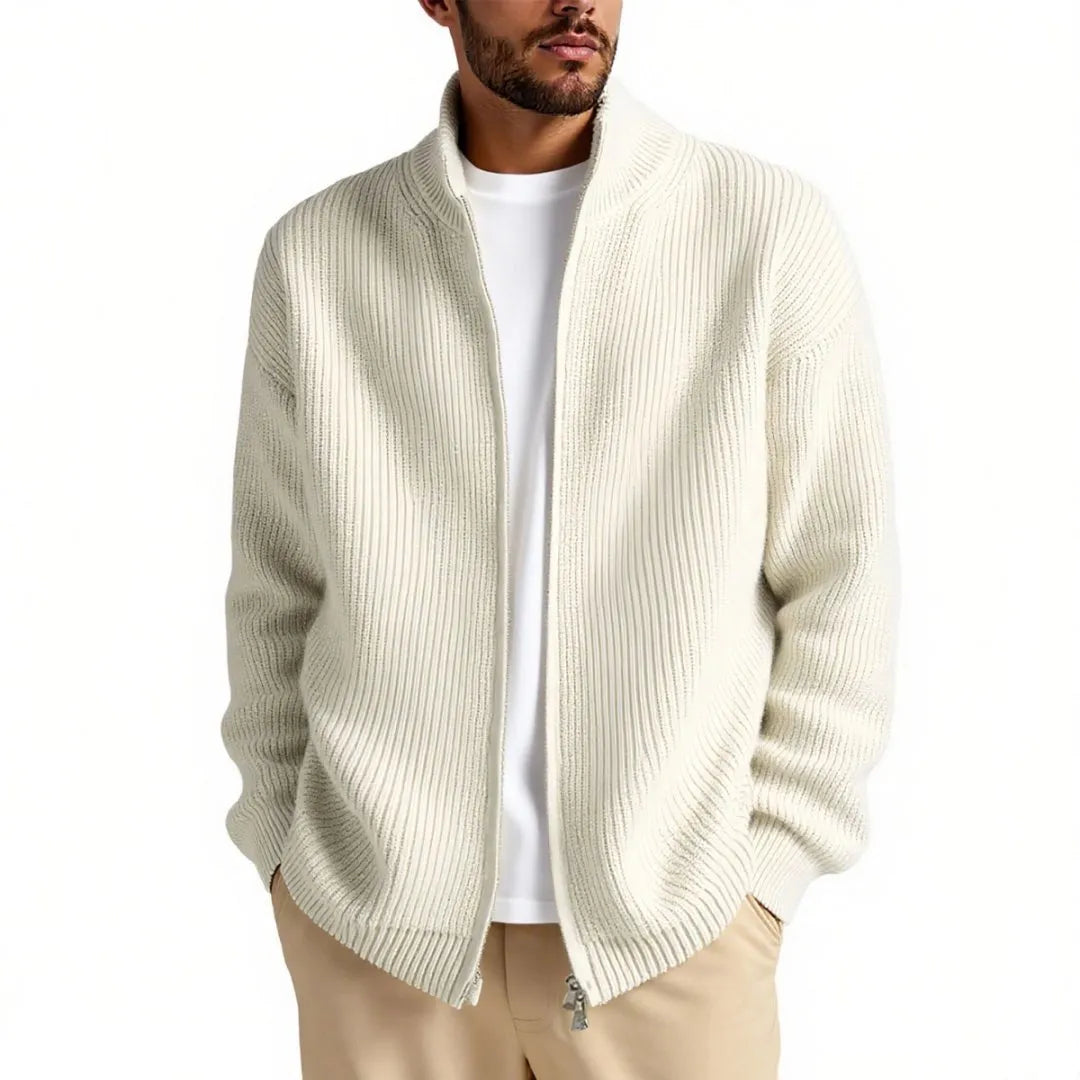 Men's loose-fit cardigan sweater coat in chemical fibre blend available in beige, black, gray, green, and navy blue