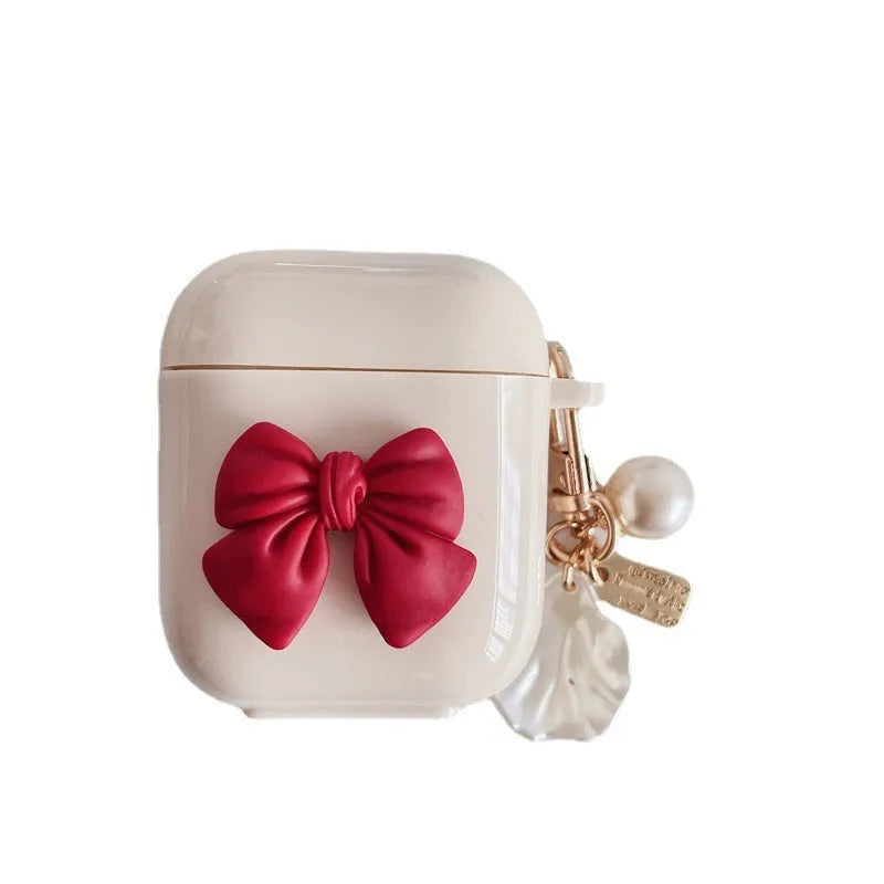 Beige red bow shell pendant wireless earphone case for AirPods Pro in TPU clamshell design