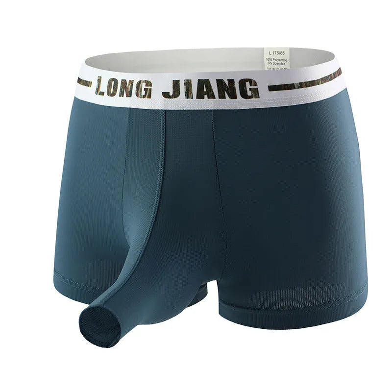 Men's ice silk trunk open boxer briefs on a solid background, showing the mid-waist fit.