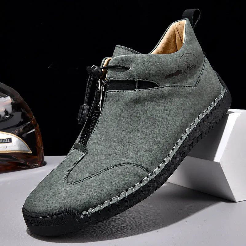 Men's casual leather shoes with mid heel and tall crown in black blue green khaki colours